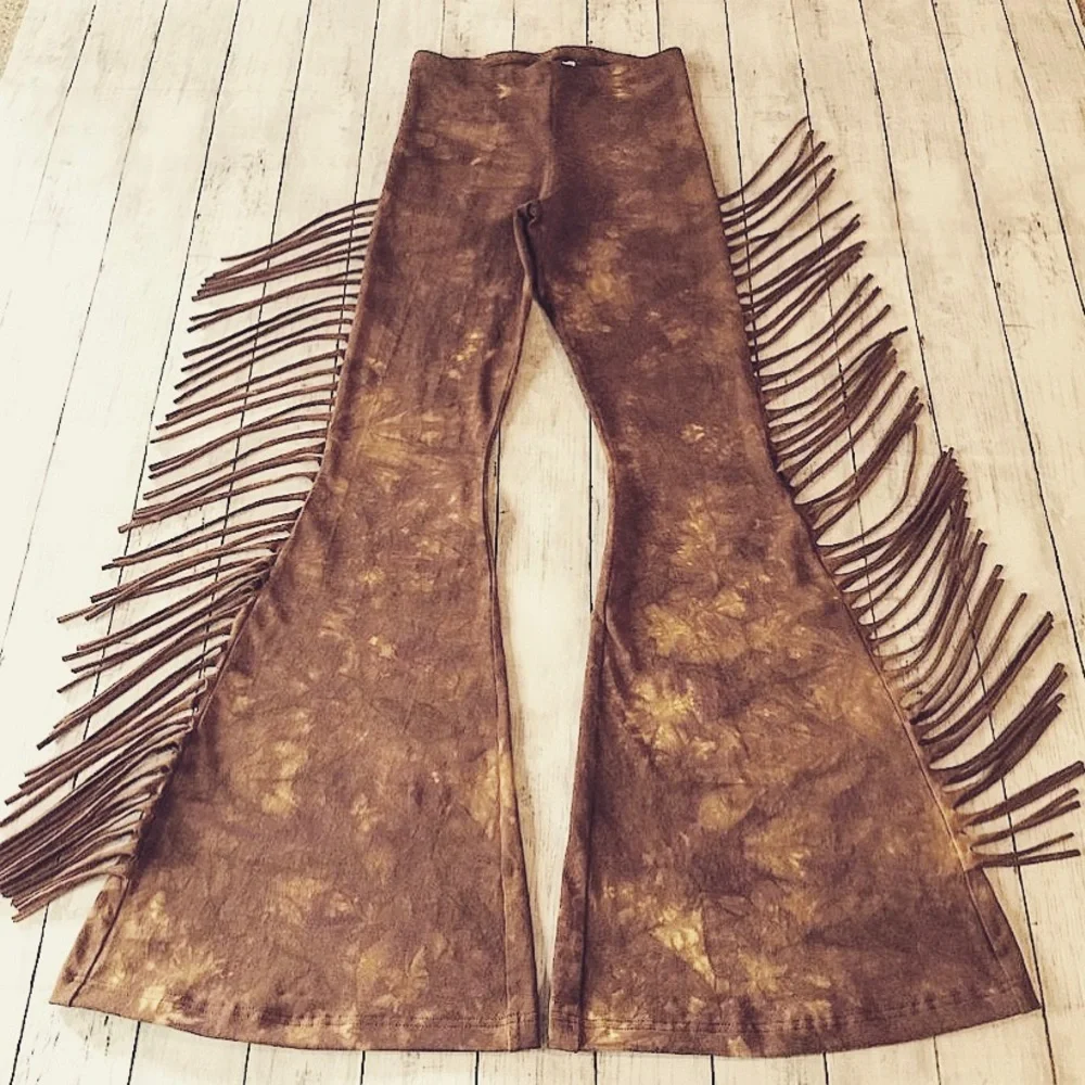 PETITE LENGTH High Waisted Fringe Bell Bottoms in SADDLE TIE DYE Festival Bells - Picture 10 of 10